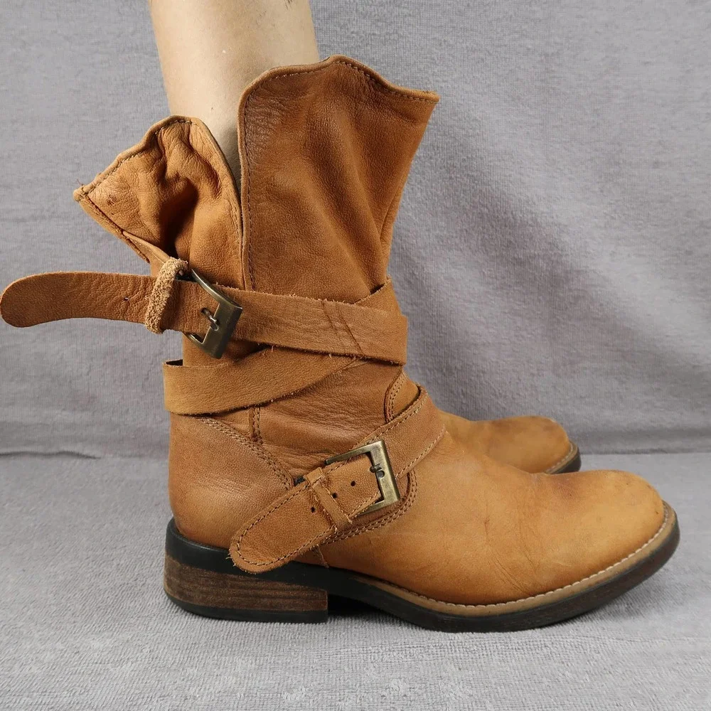 Steve Madden Brewzzer Womens 11 Brown Leather Double Buckle Round Toe Moto Boots